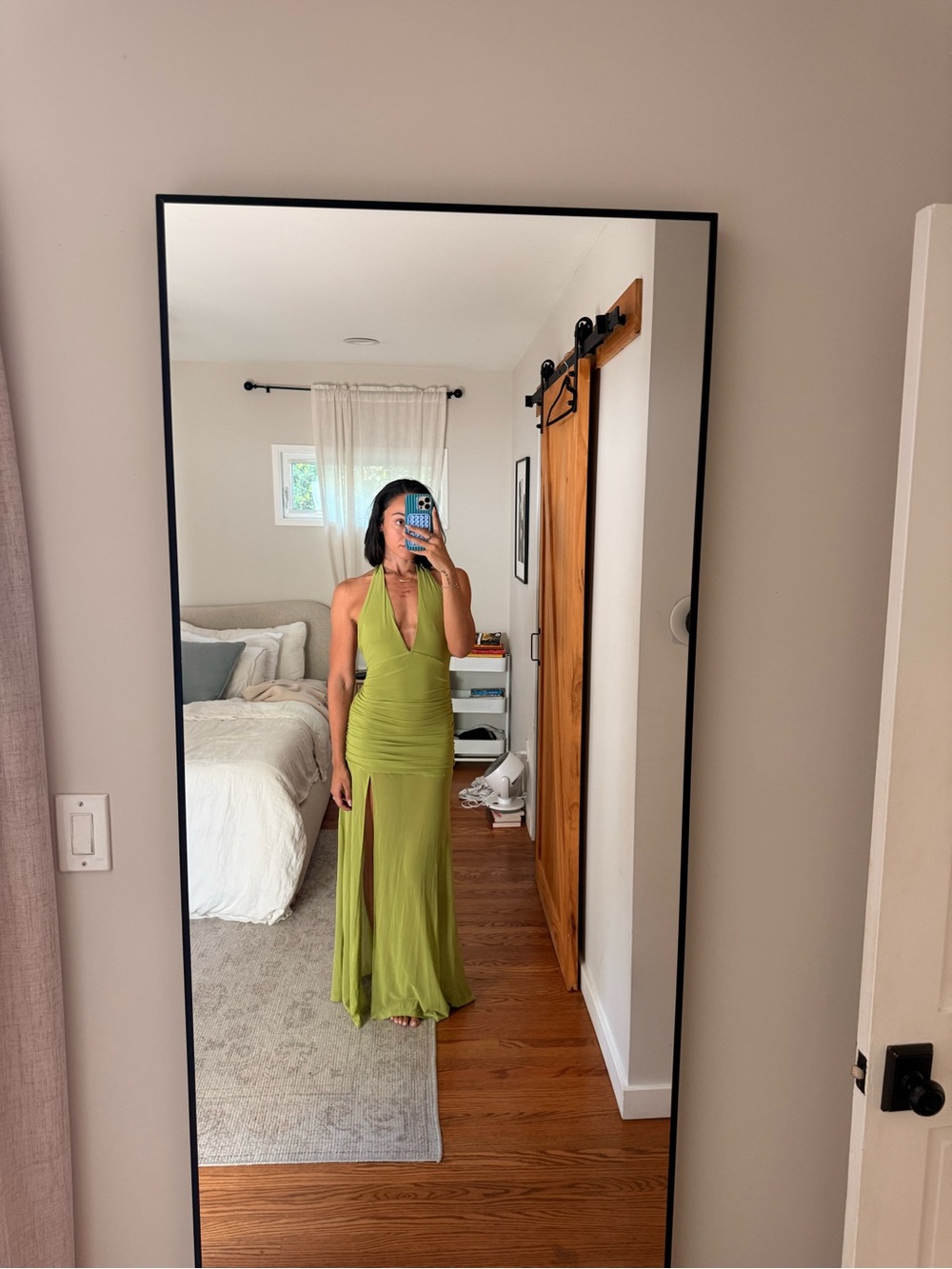 Peppermayo Olive Green Halter V-Neck Ruched Prom Gown